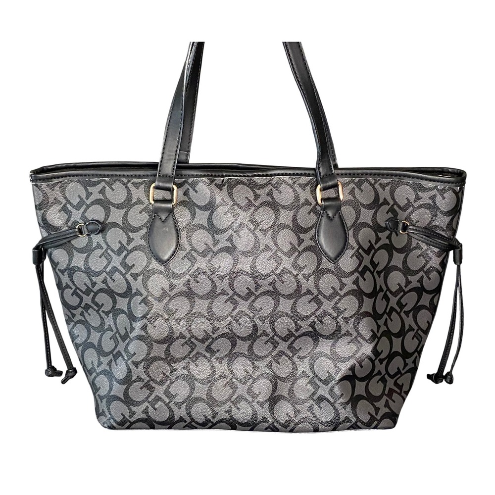 Guess Los Angeles Signature Logo Tote Bag Black Charcoal Gold Hardware
